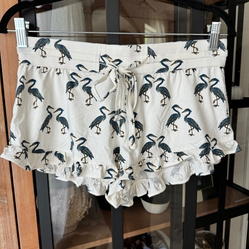 The Woods by Kate Quinn modal pajamas shorts ruffle heron birds print drawstring